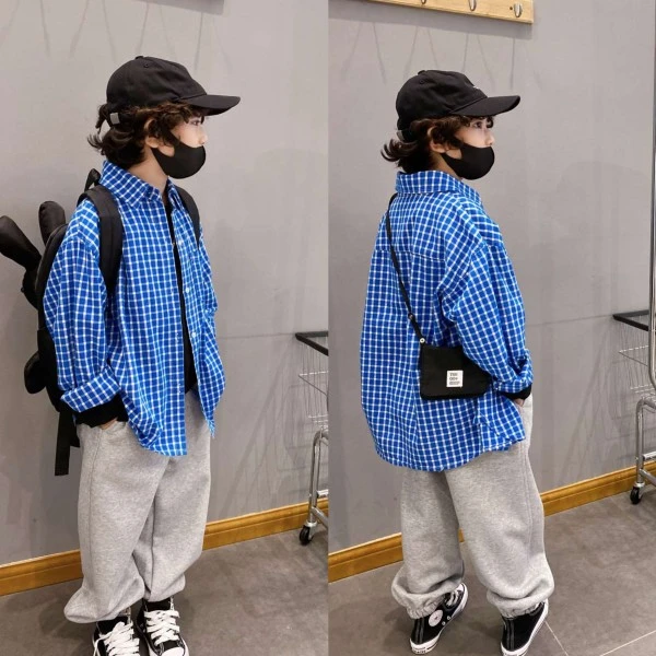 2023年男童格子长袖衬衫秋季新款中大童宽松韩版时尚潮流儿童秋装