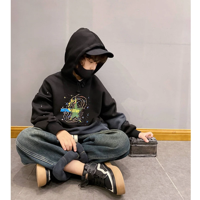 时尚男童冬季潮酷连帽卫衣2023宽松韩版中大童百搭儿童冬装卫衣潮