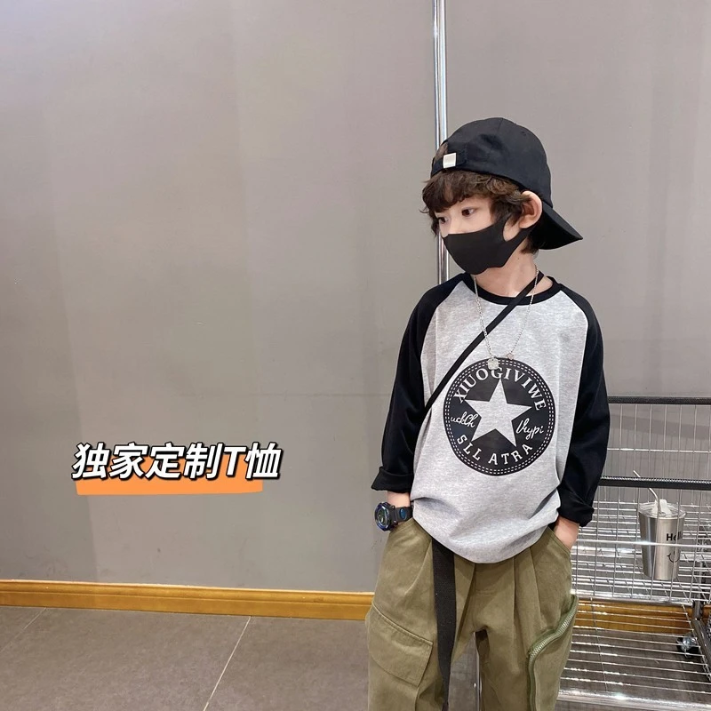男童长袖T恤春季百搭新款洋气春款儿童圆领宝宝吸汗自制春装上衣T
