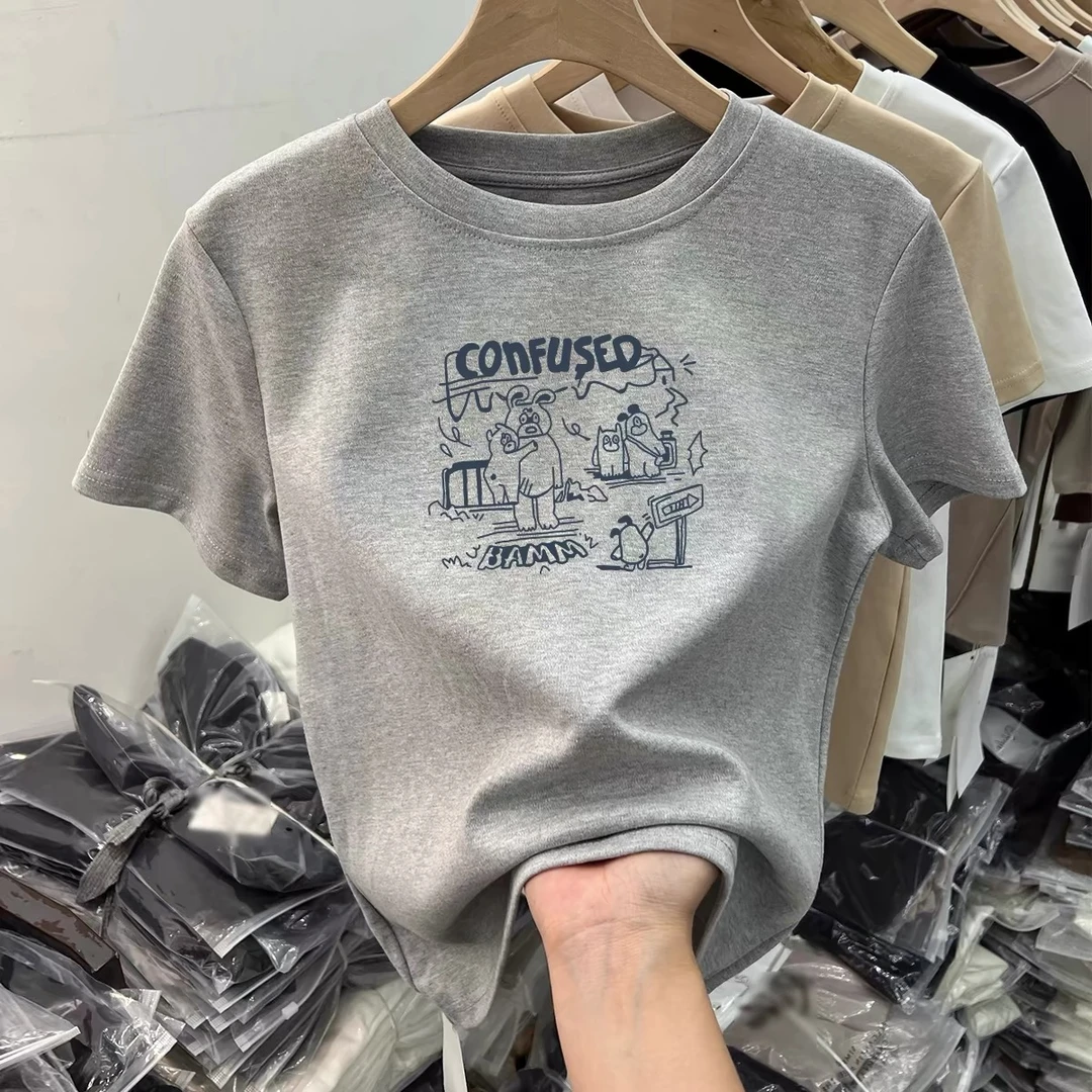 正肩棉纯t恤今年流行的女装搭配2024夏新款纯色圆领短袖修身上衣