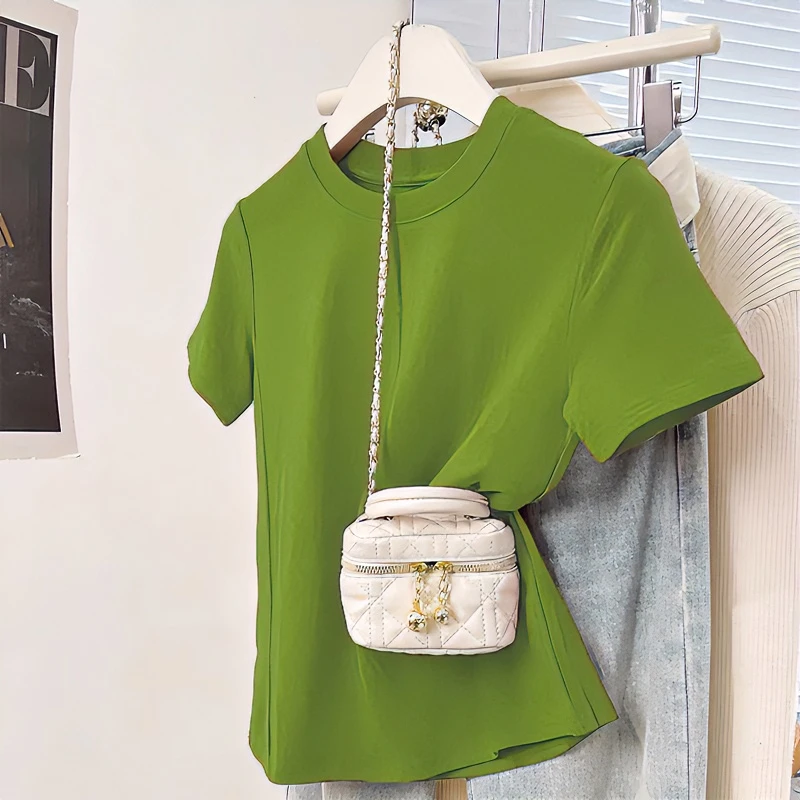 2025夏季新款显瘦修身棉纯正肩短袖t恤女法式掐腰甜辣小个子上衣