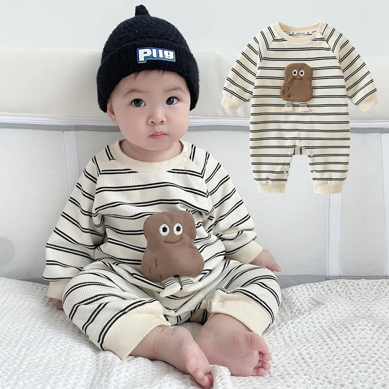 洋气条纹婴儿连体衣男女宝宝长袖哈衣新生儿童外出服开档爬服春秋