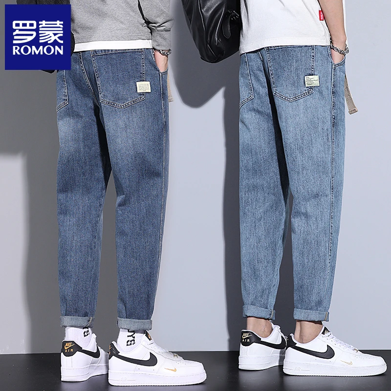 Romon/罗蒙牛仔裤男士秋季潮流弹力宽松直筒休闲潮牌大码九分长裤