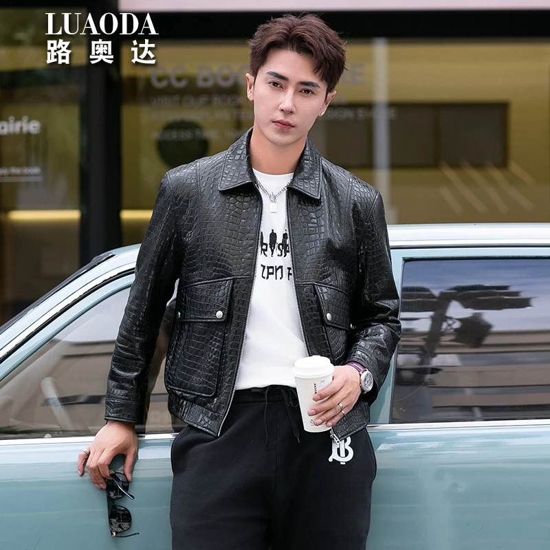 海宁新款真皮夹克男头层绵羊皮皮衣美式复古短款鳄鱼纹帅气外套潮