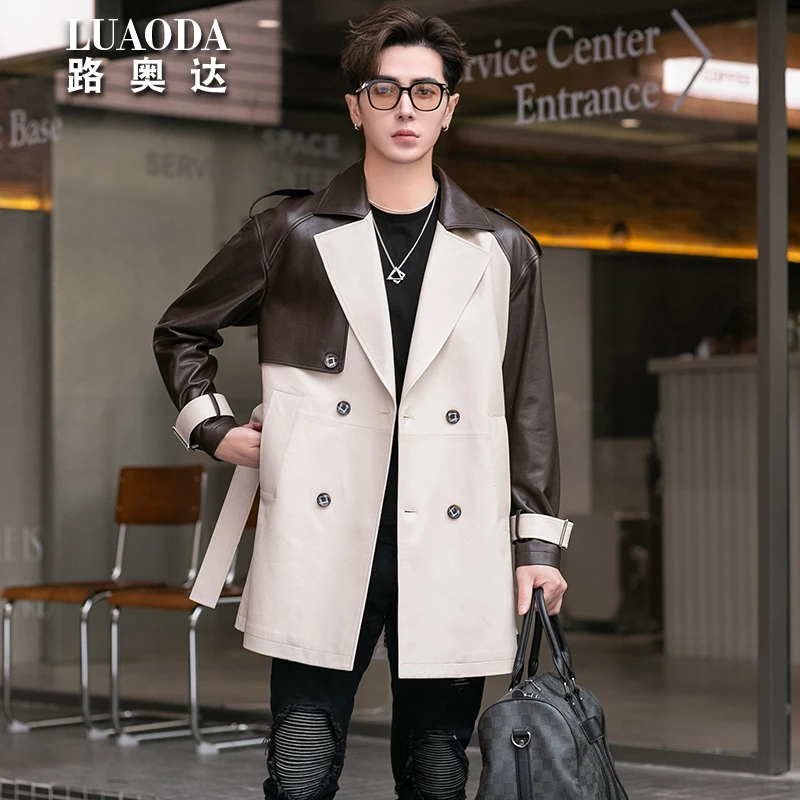 秋冬真皮皮衣男青年韩版绵羊皮中长款皮风衣帅气撞色双排扣外套潮