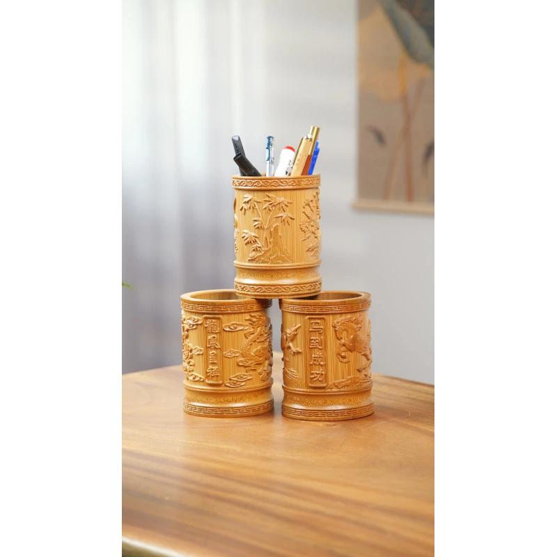 竹制浮雕笔筒收纳筒茶具周边茶筒