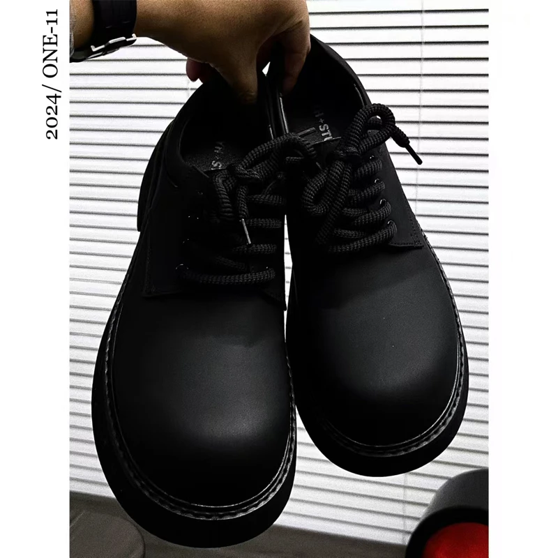 轻奢百搭厚底男士增高6cm德比鞋低帮圆头秋季休闲男皮鞋帅气黑色