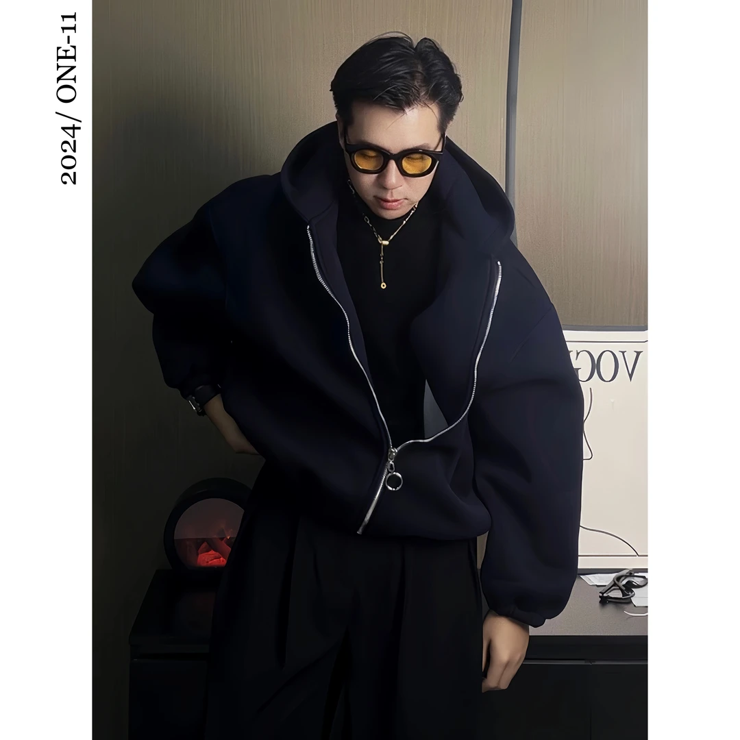 2024韩系秋冬季新款纯色休闲百搭宽松卫衣风格的拉链帽衫外套