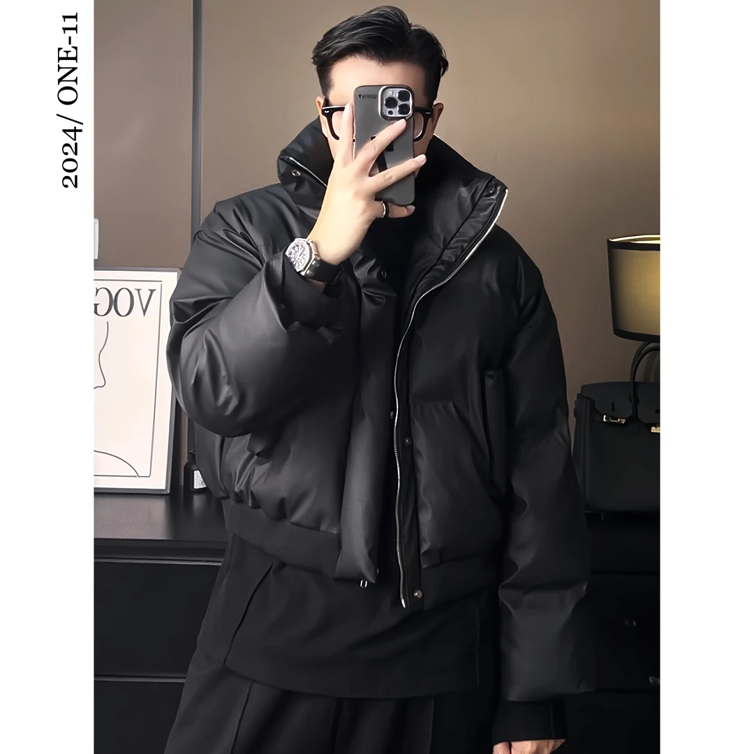 美式PU皮立领短款棉服男加厚保暖宽松百搭棉衣面包服外套纯色简约