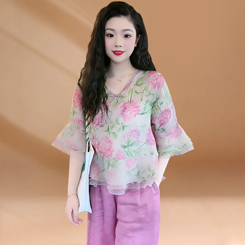 2025夏季新款短款大码印花衬衫开衫休闲上衣盘扣文艺复古民族风