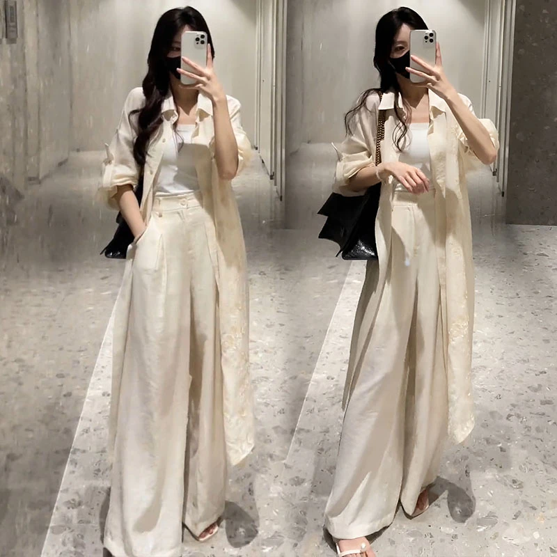 2025夏季新款高级感长款过膝防晒外套高腰显瘦垂感阔腿裤两件套女