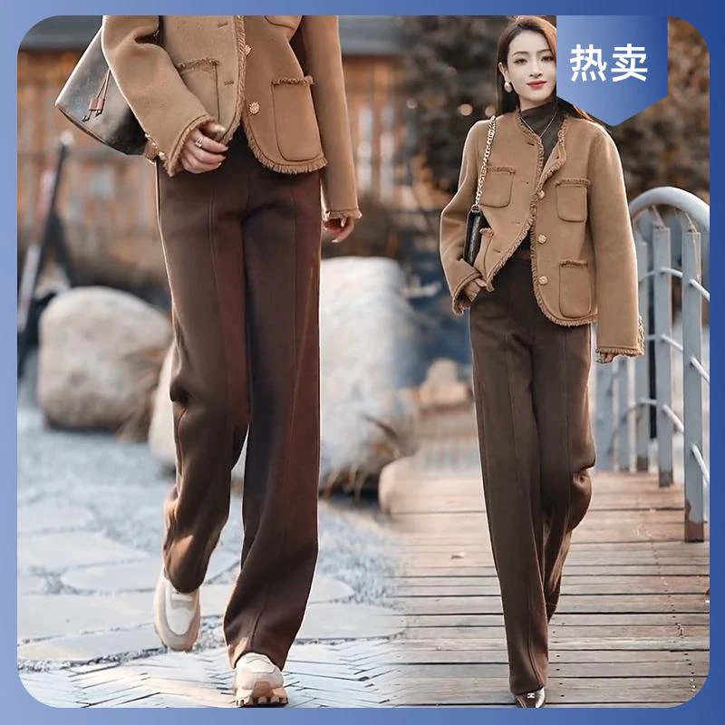 时尚百搭休闲宽松2025年秋冬季新款加厚保暖高腰窄版直筒休闲裤女