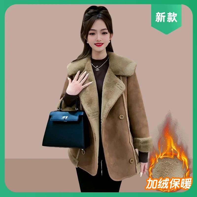 定制高级感时尚翻领洋气皮毛一体机车外套女2025冬季新款大衣百搭