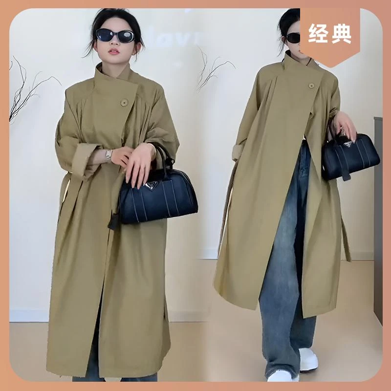 2025年春秋新款英伦风立领风衣女慵懒风设计感宽松中长款过膝外套