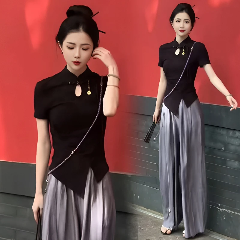 夏装搭配一整套高级感减龄漂亮洋气时尚新中式国风T恤阔腿裤套装