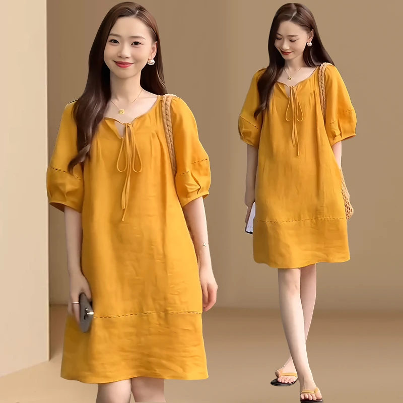 南瓜色泡泡袖V领连衣裙夏女2025新款宽松超好看洋气中长款娃娃裙