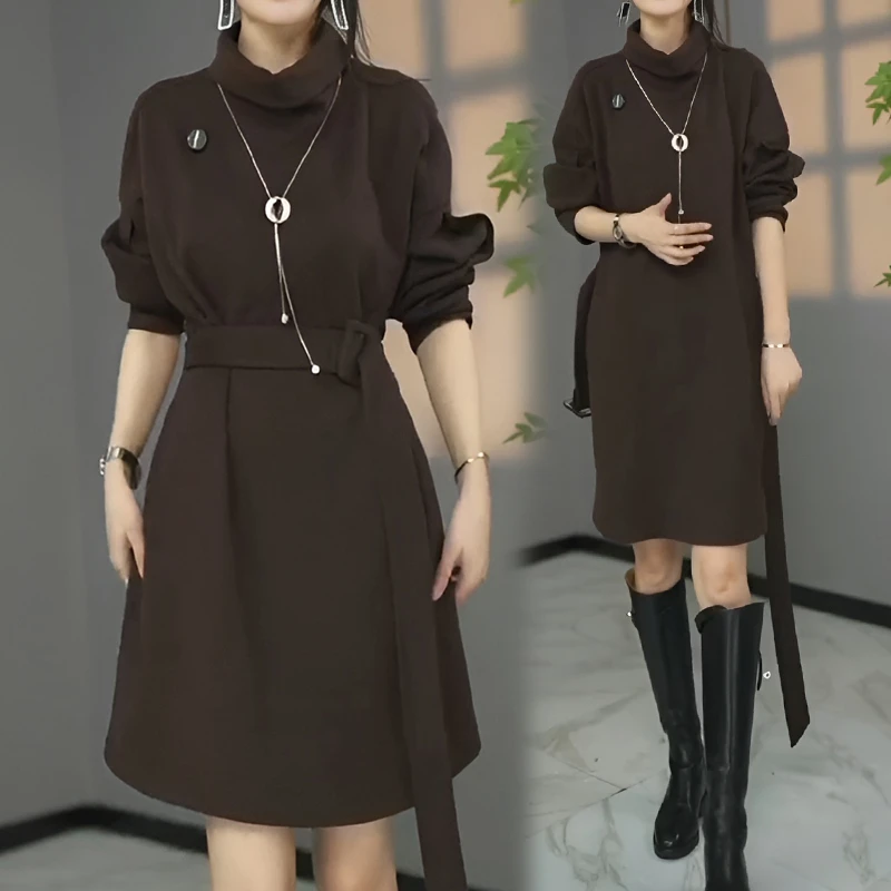 系带宽松大码胖MM时尚洋气休闲连衣裙女春秋新款减龄遮肚中长裙