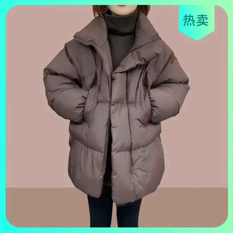 时尚韩版中长款口袋拼接2025冬季新款立领复古宽松棉衣棉服外套女