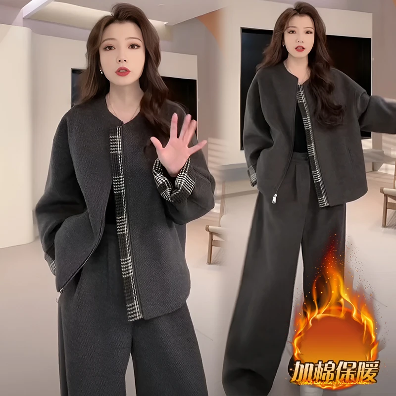 今年流行小香风减龄套装女2025新款秋冬气质加厚外套阔腿裤两件套