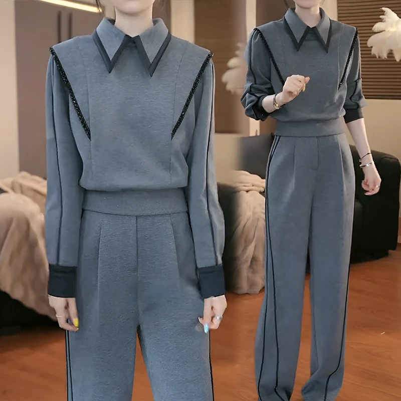 气质欧货高级感时尚卫衣套装女秋冬新款洋气阔腿裤职业两件套套装