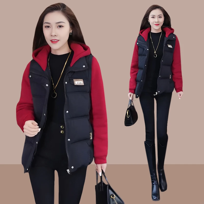 假两件卫衣棉服女2024秋冬新款宽松加厚拼接连帽短款棉衣外套潮