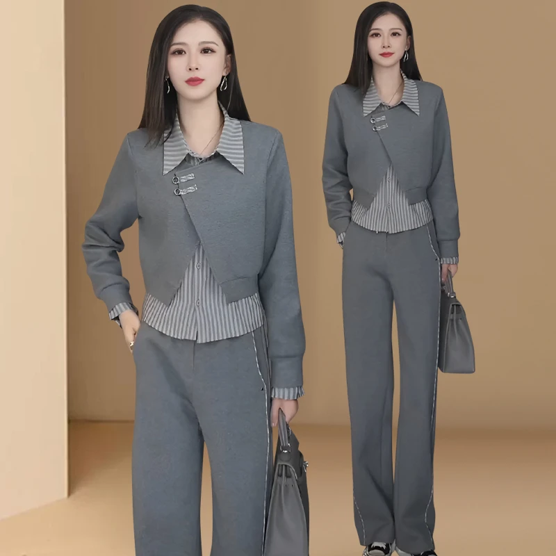 时尚休闲套装女新款洋气穿搭减龄显瘦假两件盘扣卫衣阔腿裤两件套