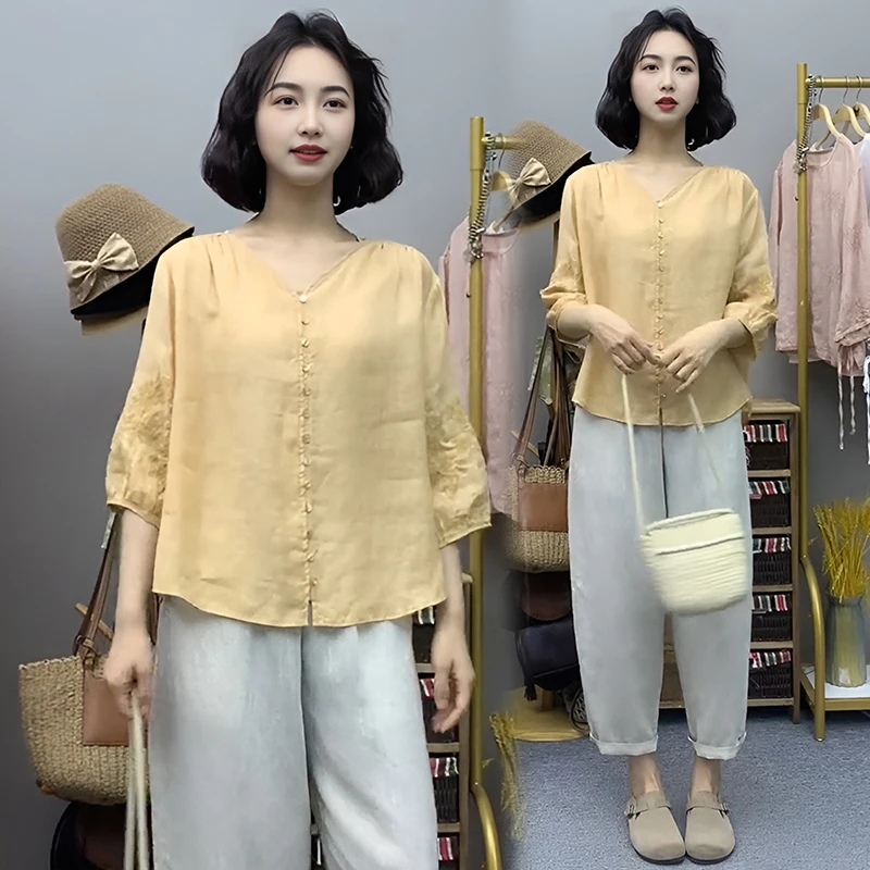 2025夏季新款时尚V领刺绣开襟泡泡袖衬衫宽松显瘦七分袖上衣小衫