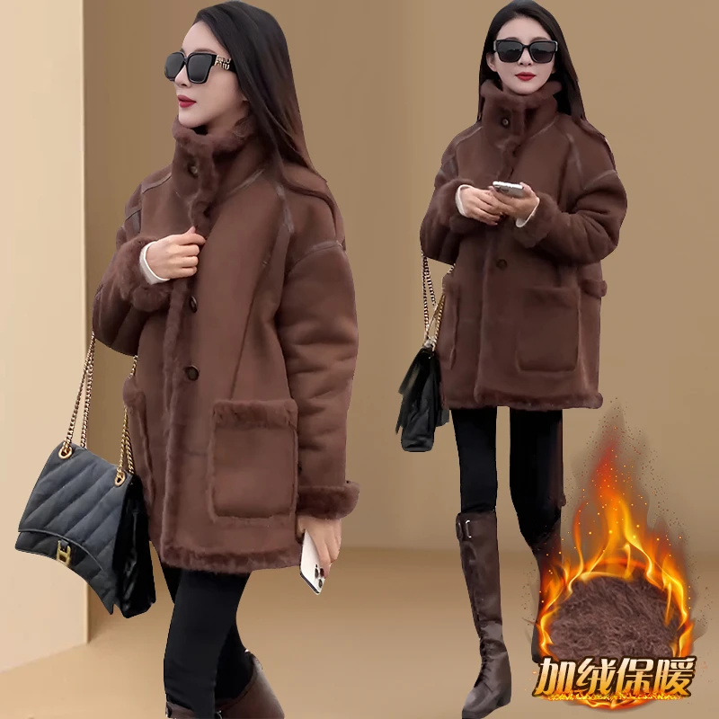 皮毛一体气质毛毛外套女装2025秋冬季新款时尚加绒加厚保暖大衣潮