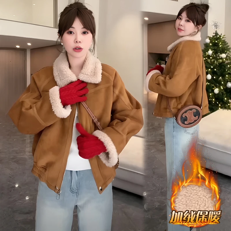 高级感保暖短款外套女秋冬季新款加绒加厚皮毛一体洋气百搭外套女
