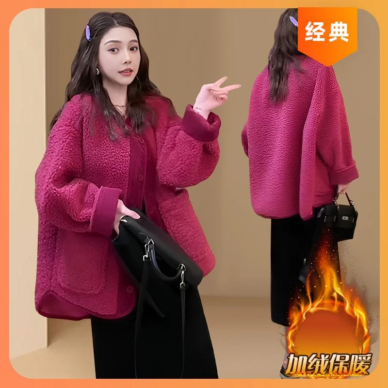 冬季黄色时尚毛毛绒外套女装保暖宽松慵懒风摇粒绒毛茸茸棉衣