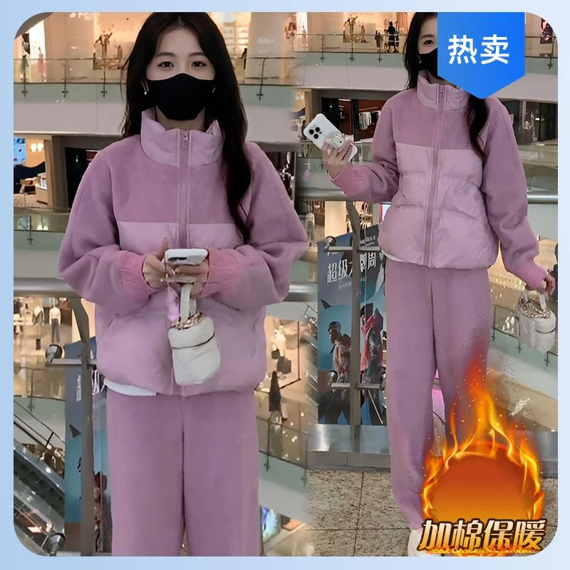 高级感时尚套装女秋冬季新款拼接棉服卫衣外套阔腿裤子休闲两件套