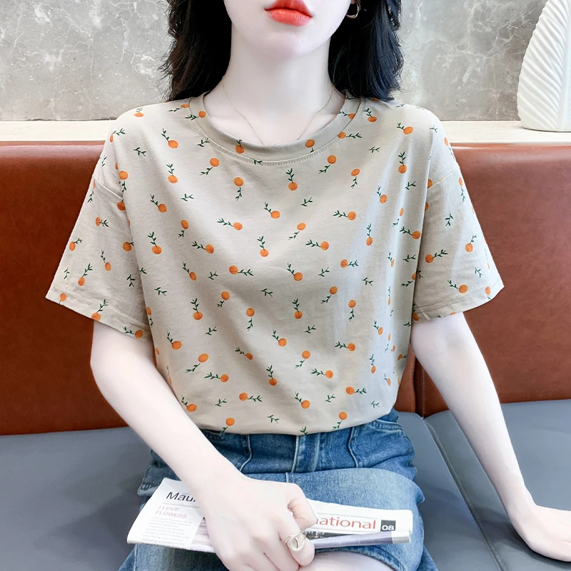 t恤短袖女2025夏季款宽松百搭简约印花圆领半袖体恤休闲女士上衣