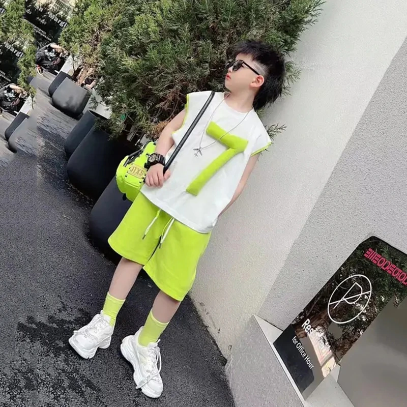 [夏季新款】2025潮流百搭男童时尚痞帅中大童潮酷背心无袖两件套