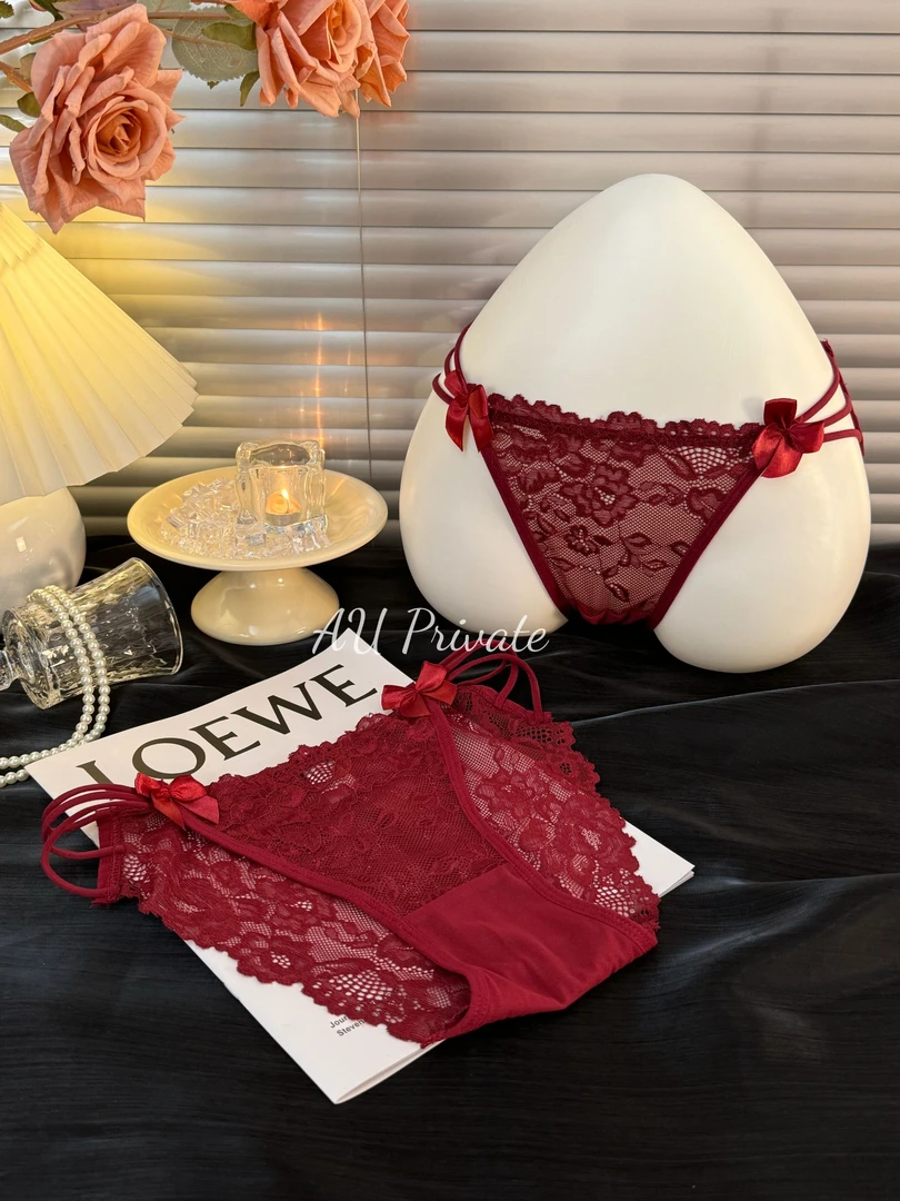 性感火辣红色蕾丝网纱蝴蝶结低腰纯欲三角裤