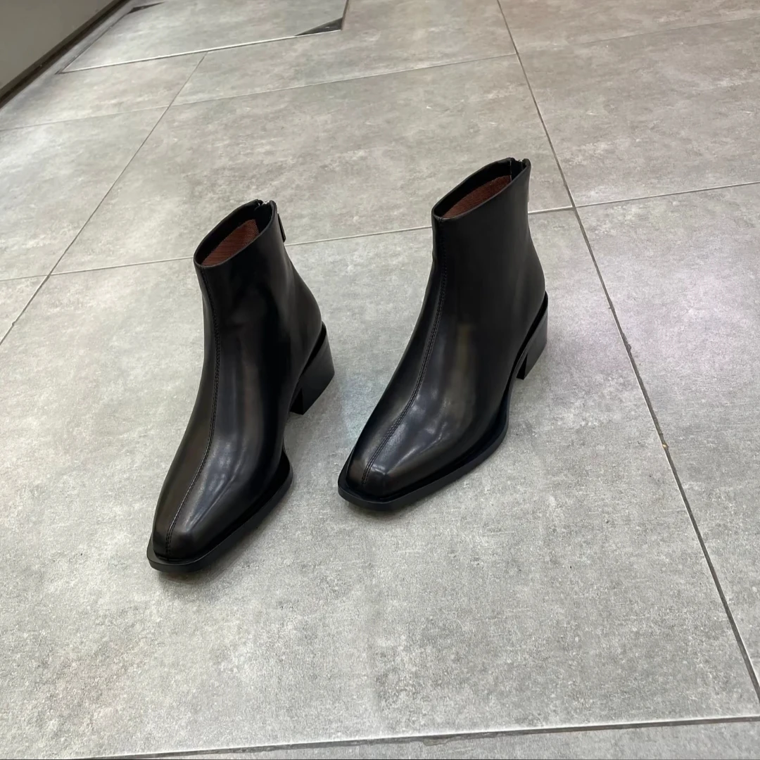 赫谷m572胎牛皮切尔西时装靴短靴女百搭女靴子粗跟靴