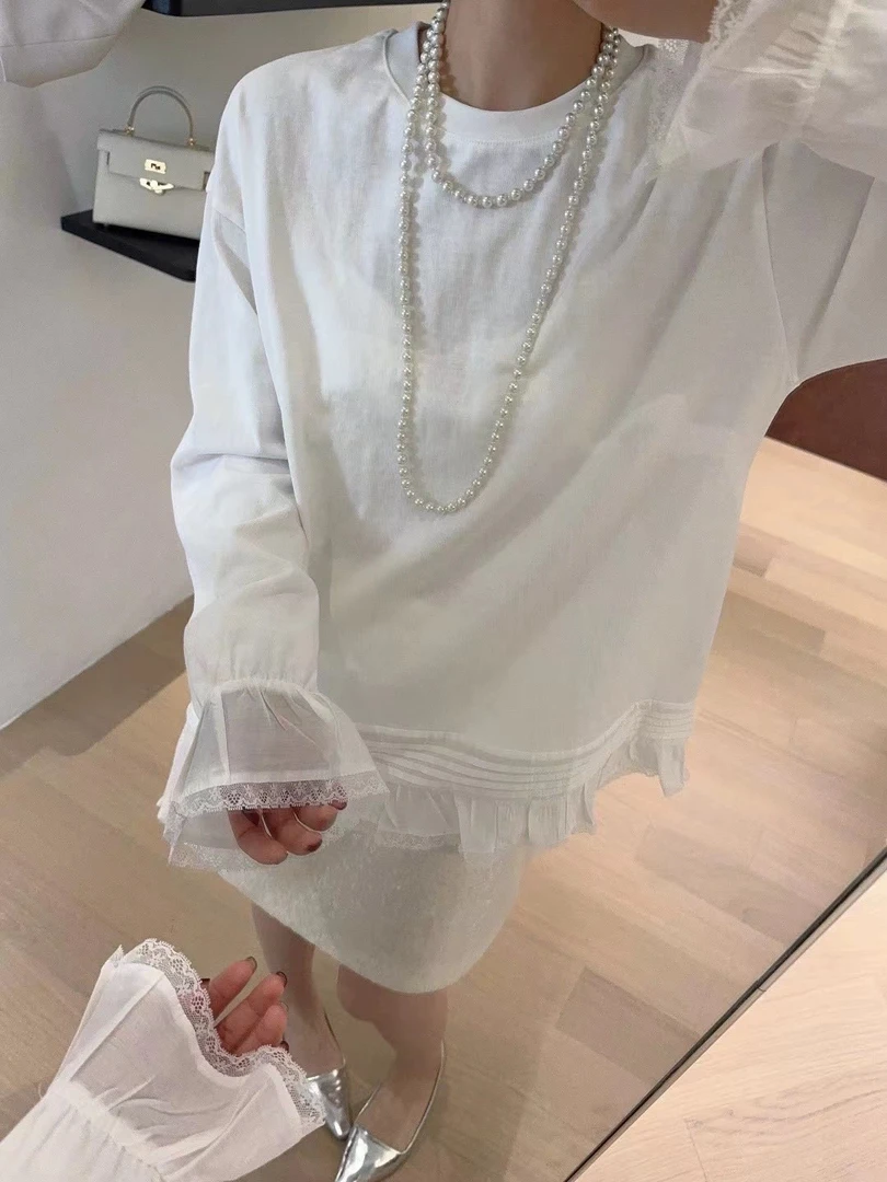 【柔雾白茶】韩系圆领长袖蕾丝花边拼接长袖