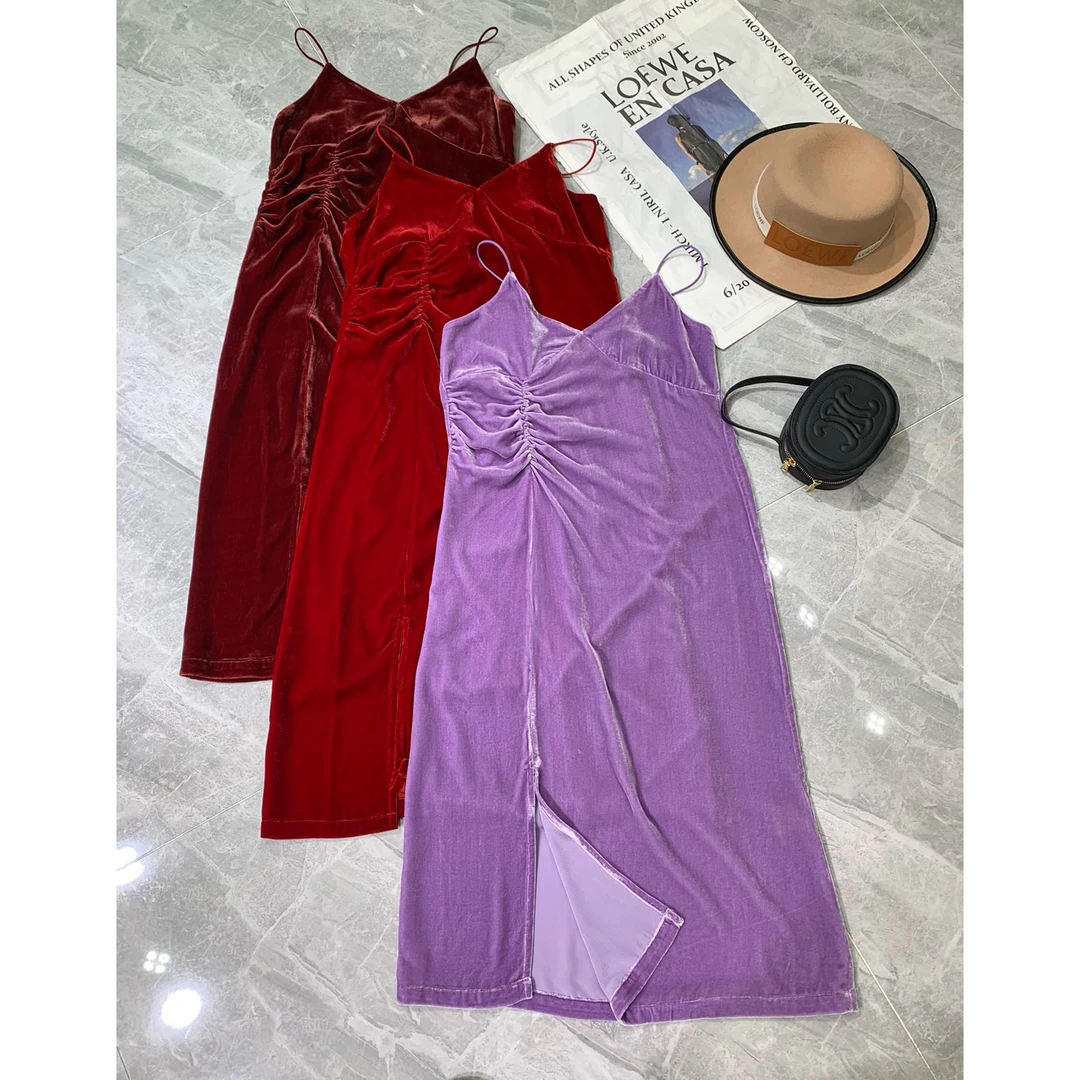 GZ2060真丝桑蚕丝蚕宝宝丝绒植绒吊带连衣裙夏季网红时尚轻奢