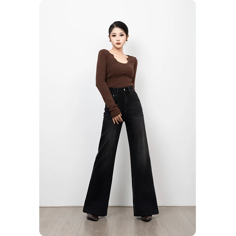 黑灰色中高腰牛仔裤女阔腿裤直筒2024秋季新款宽松显瘦喇叭拖地裤