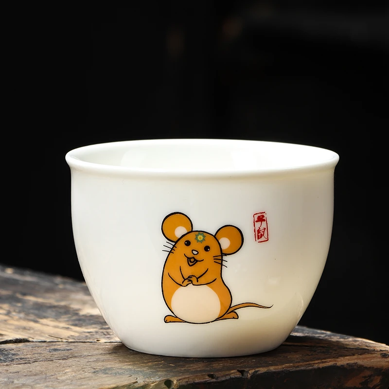 陶瓷羊脂玉白瓷十二生肖主人杯单杯茶具茶杯品茗杯茶盏可爱喝茶杯