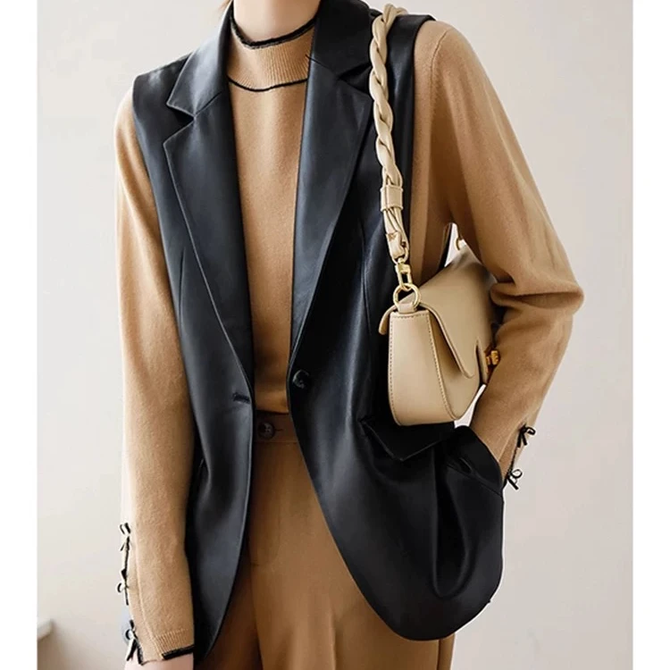 海宁西装领宽松设计感真皮皮衣马甲女百搭时尚绵羊皮坎肩