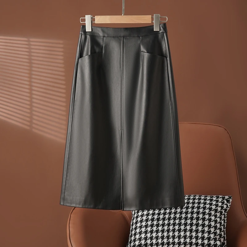 海宁真皮皮裙女半身裙时尚百搭A字裙2024秋冬新款百搭裙