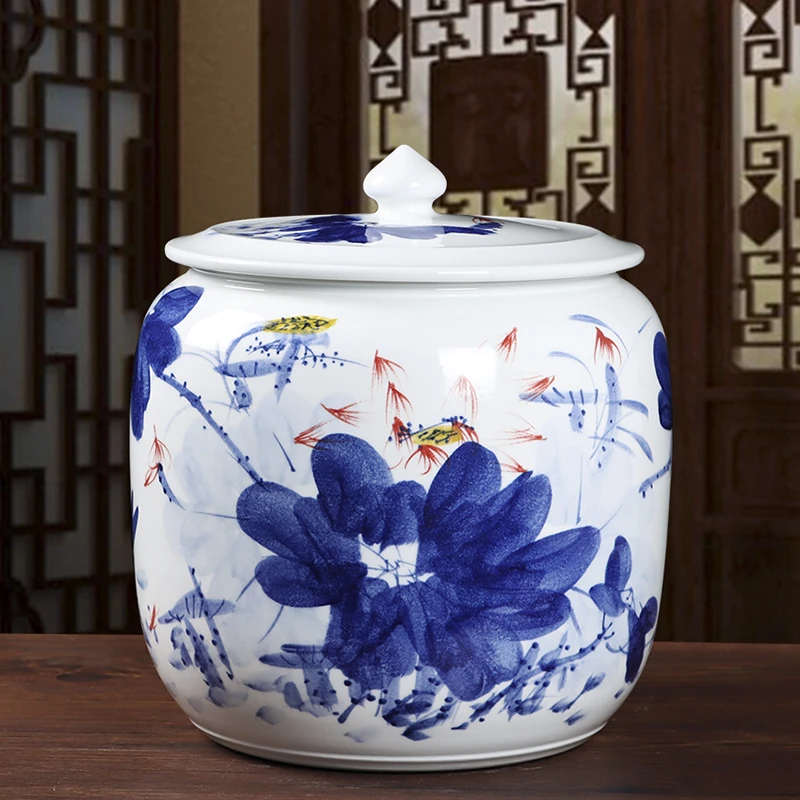 景德镇陶瓷米缸带盖20斤30斤50斤家用密封罐防潮虫招财茶水桶油缸