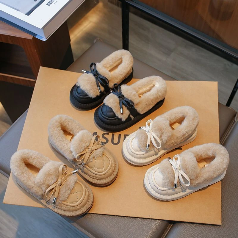 2023年冬季新款网红毛毛鞋女童韩版蝴蝶结加绒保暖雪地靴加厚棉鞋