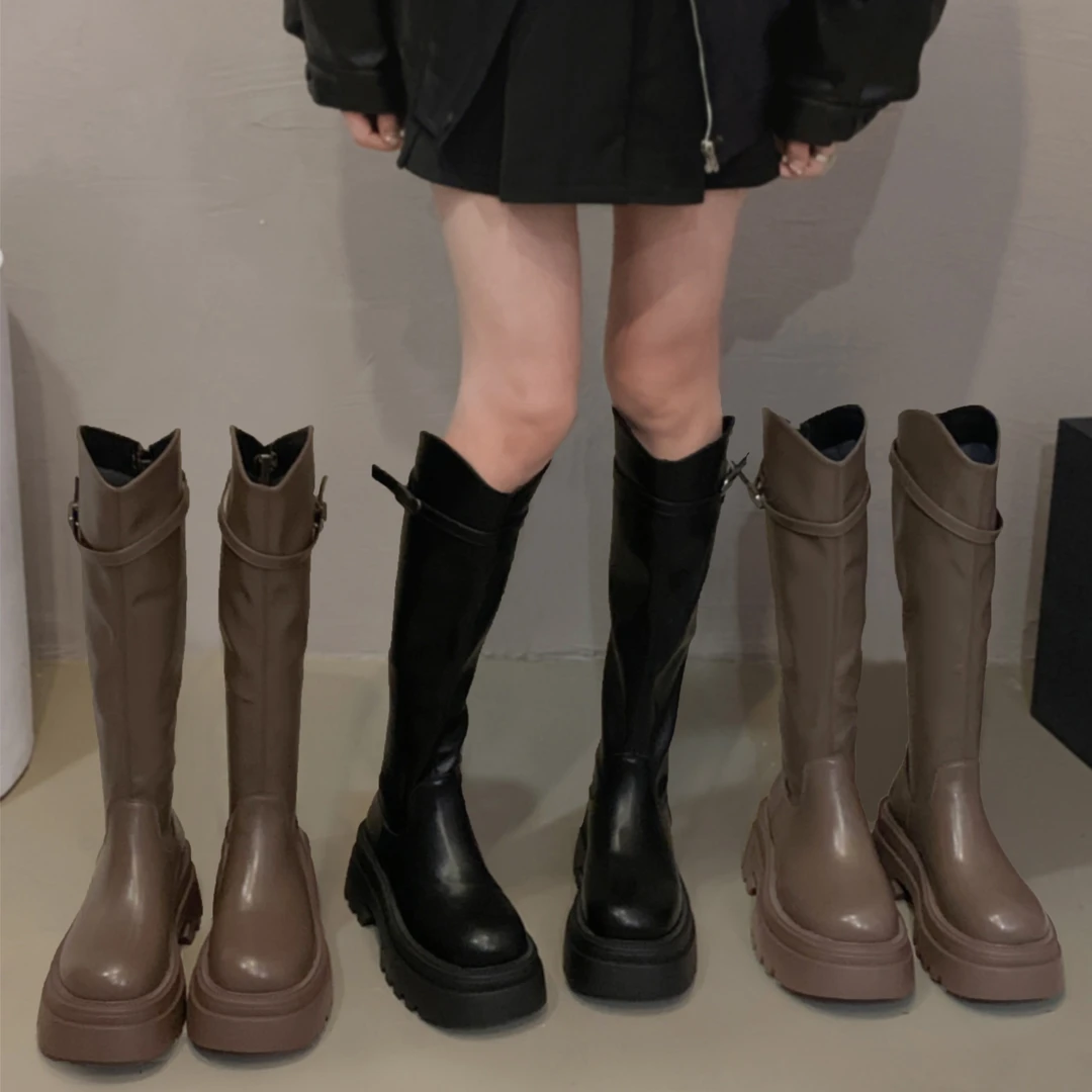 贾不假女款长筒靴2023年秋季新款气质百搭简约洋气厚底增高瘦瘦靴