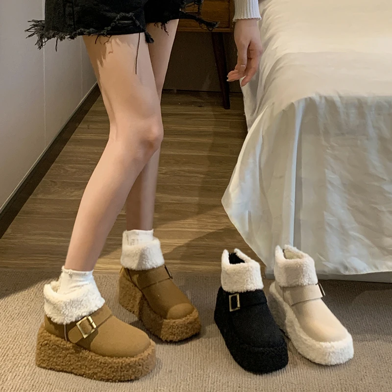 贾不假女款棉靴2023年冬季新款复古洋气皮带扣加绒保暖厚底雪地靴