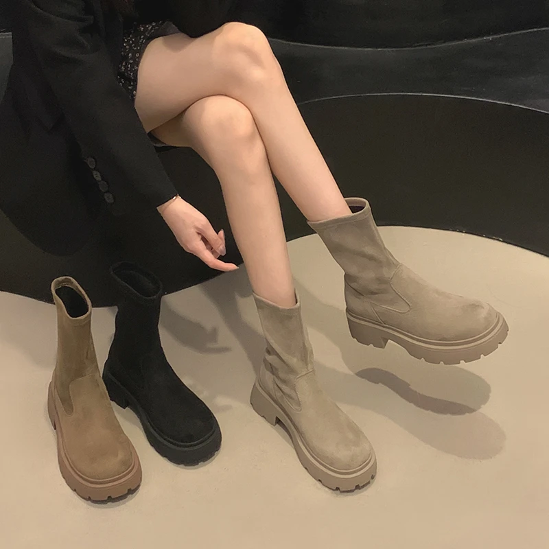 【贾不假】短靴女2023秋季新款时尚百搭小个子显瘦厚底弹力瘦瘦靴