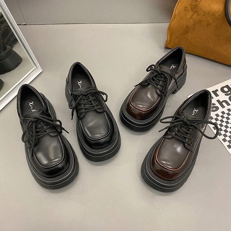 【贾不假】黑色小皮鞋女2024年春秋新款厚底韩版学生学院风系带单鞋