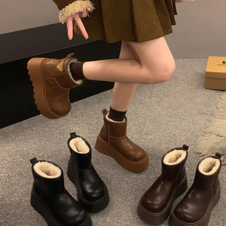 贾不假雪地靴女2025冬季新款潮流复古时尚小个子厚底增高保暖棉靴