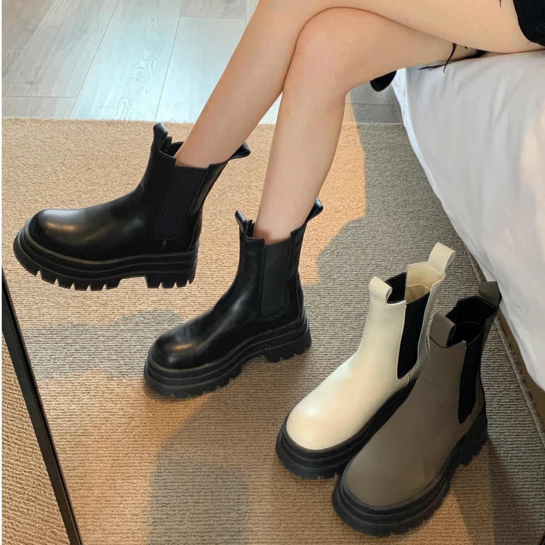 【贾不假】切尔西靴女2023年秋季新款时尚个性复古粗跟小个子短筒靴