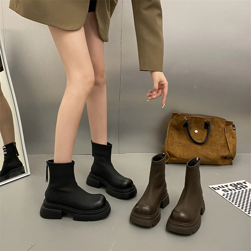 【贾不假】网红短靴女2023年秋季新款加绒百搭小个子粗跟帅气瘦瘦靴